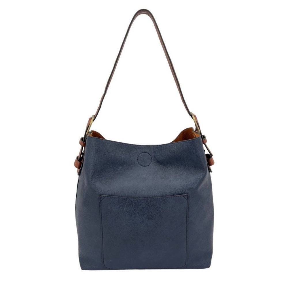 Joy Susan Classic Navy Blue & Brown Vegan Leather Hobo Bag with Clutch Insert